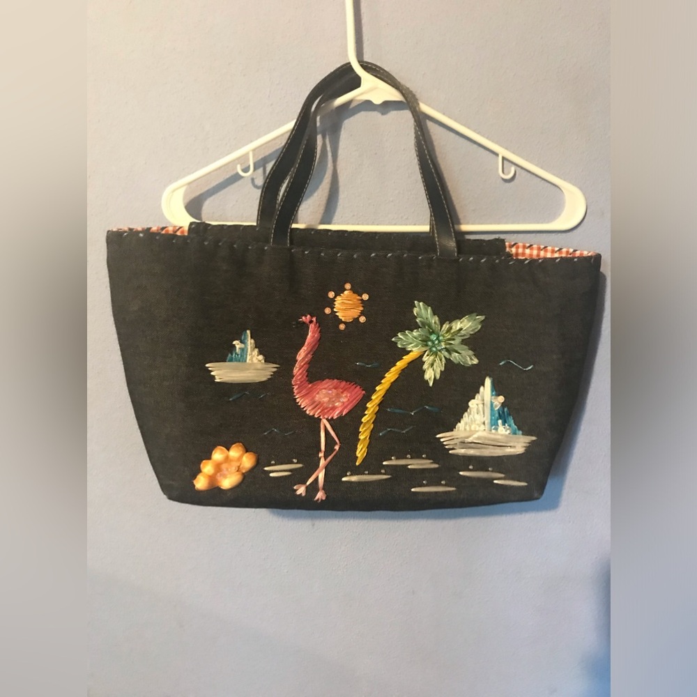 Timmy Woods Beverly Hills~Tote Handbag~Embellished Canvas~Tropical~Flamingo